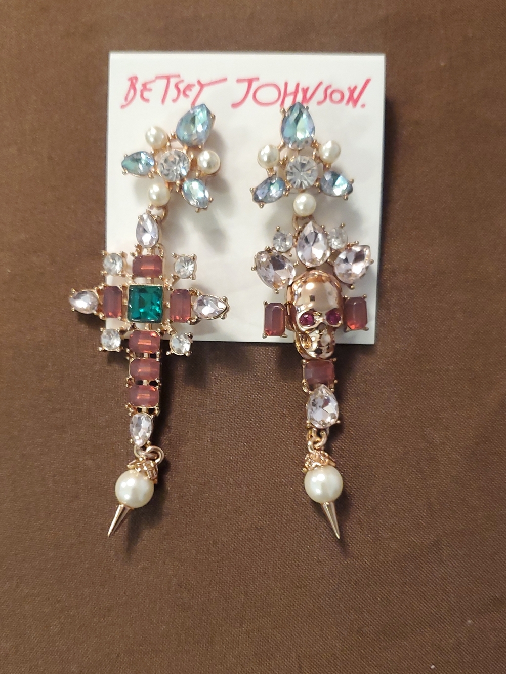 Betsey Johnson Pink Crystal Skull & Cross Drop Earrings